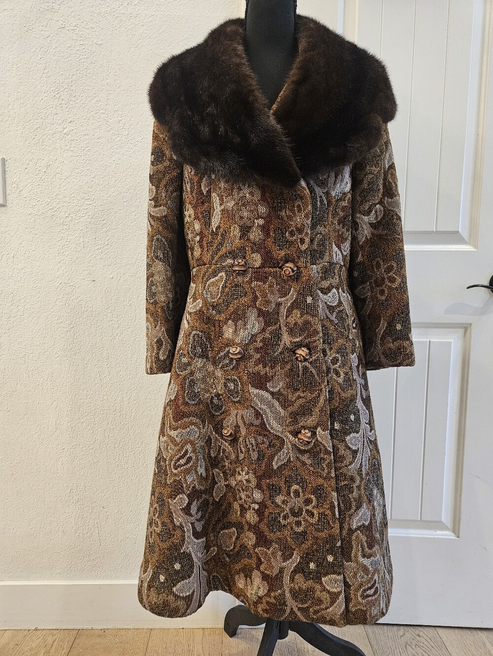 1960s Vintage Townley Kaufman’s Tapestry Princess Coat with Genuine Mink Collar